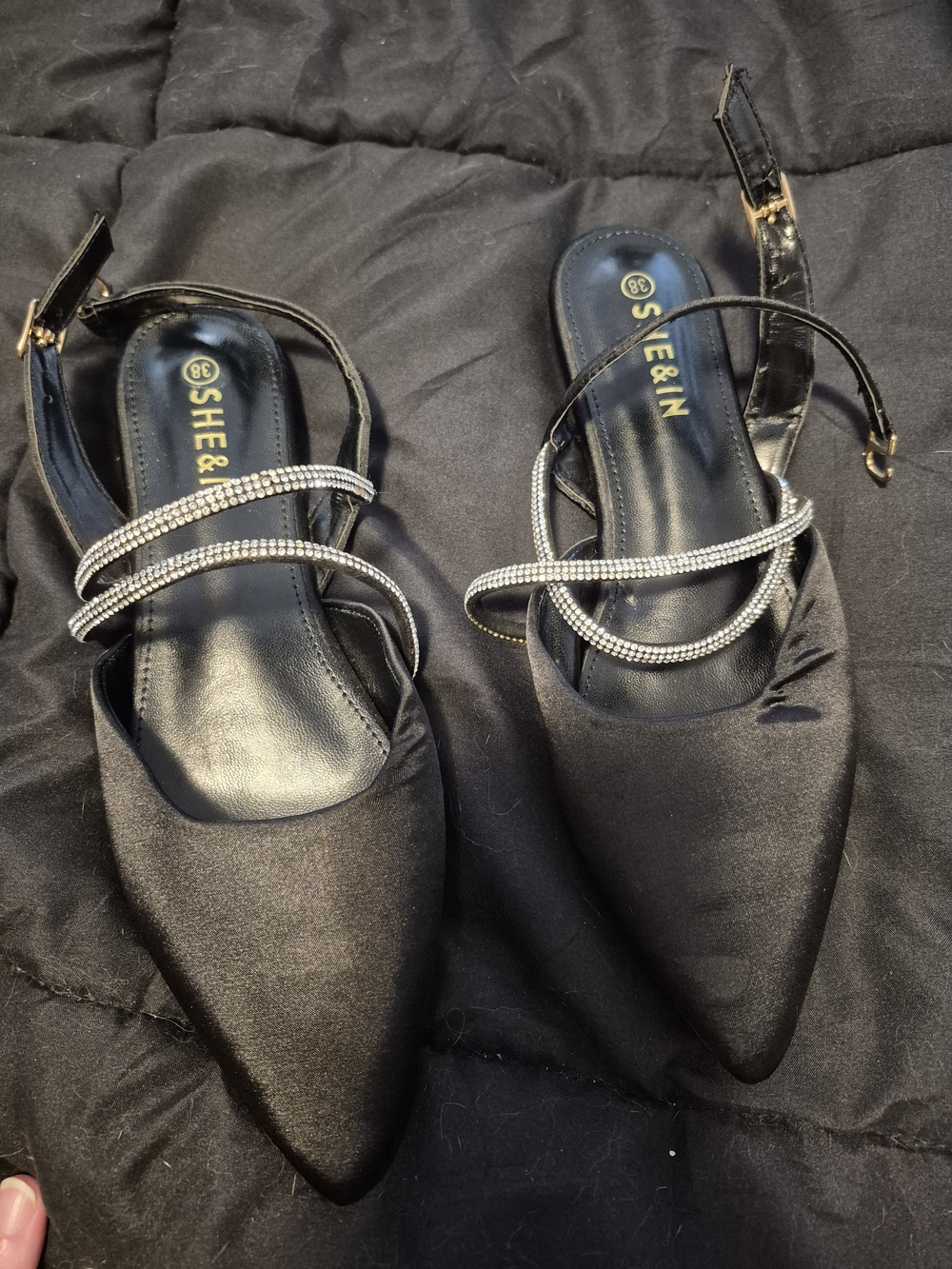 SHEIN Black Satin Pointed Slingback Flats with Rhinestone Straps